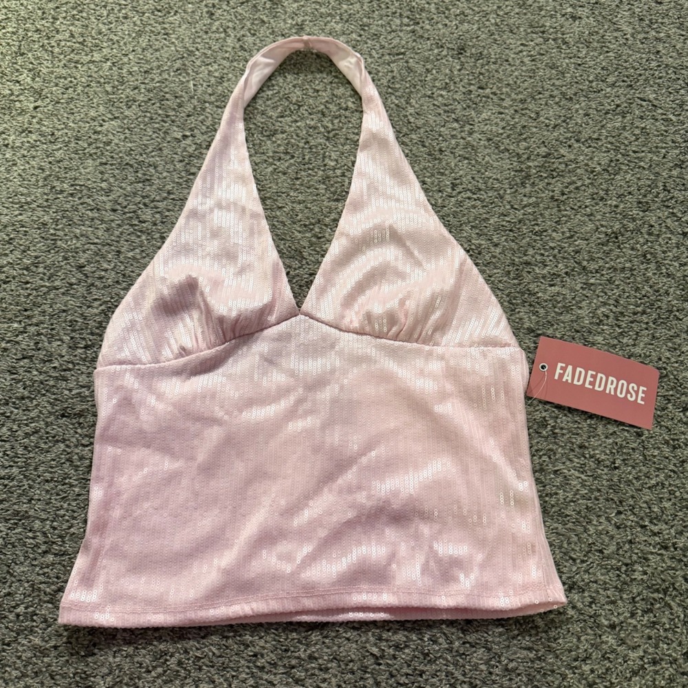 Sequin Halter Top XL Party Y2K Style Pink Sparkly Sleeveless Tank